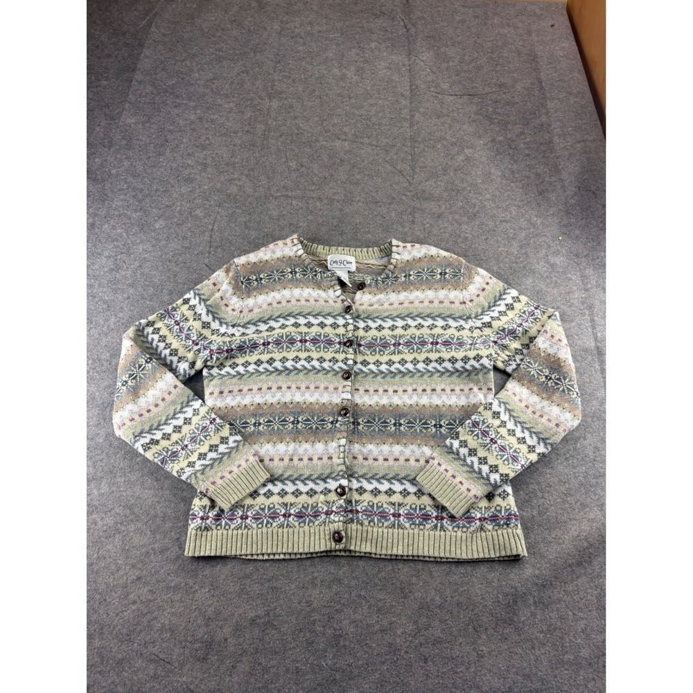 VTG Carly St Claire Fair Isle Knit Cardigan Sweater Green Cotton Blend L SEE